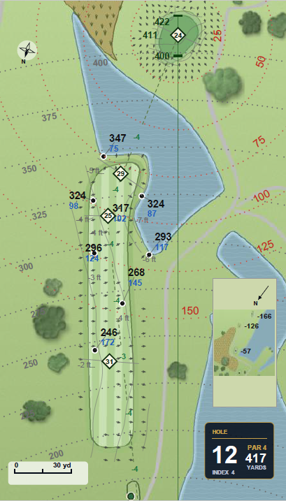 Greens book hole page: hole 12 yardage map